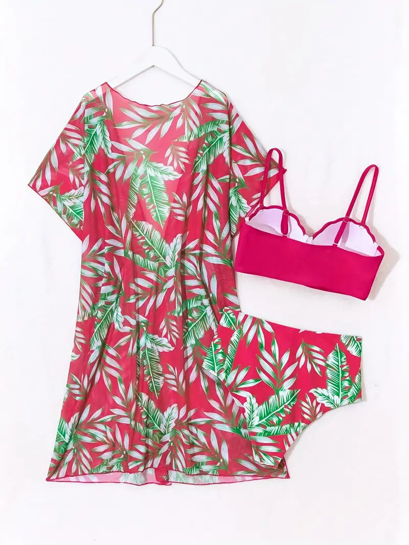 biquíni pink com hot-pants e saída estampada feminina detalhes costas