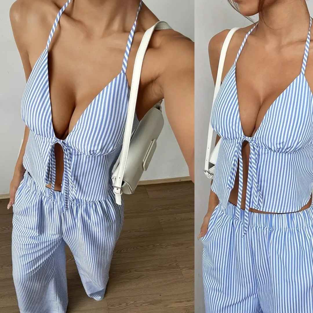 Conjunto Feminino Calça Pantalona Listrada Azul com Top Halter