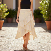 Saia feminina midi assimétrica com babados e amarração Eternal Grace