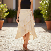 Saia feminina midi assimétrica com babados e amarração Eternal Grace