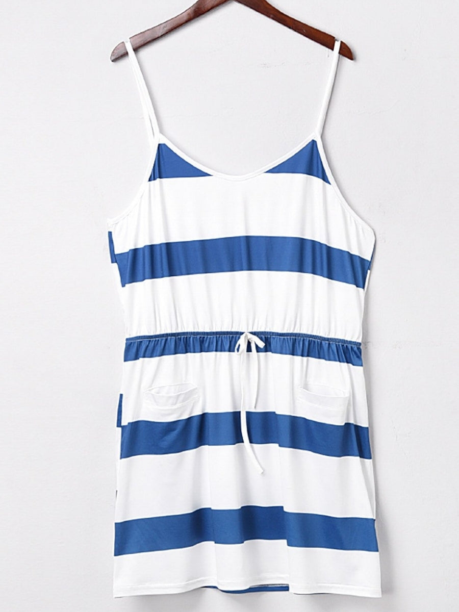 vestido casual azul listrado feminino tecido leve respirável
