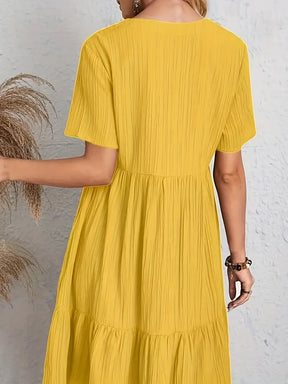 vestido feminino soltinho com babado na barra saybeleze cor amarelo costa  