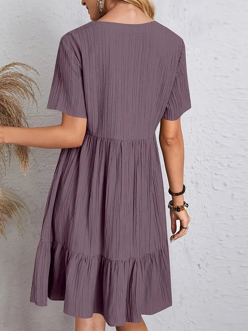 vestido feminino soltinho com babado na barra saybeleze cor lilas costas