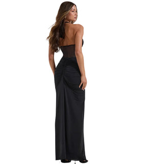 Vestido Feminino Longo Glam Essence preto elegante com tule transparente